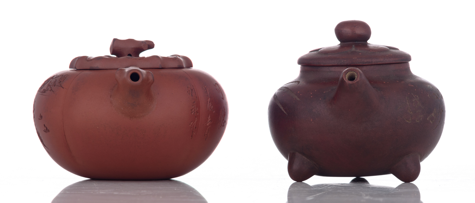 Two Chinese Yixing teapots and covers with calligraphic texts, marked; added two Chinese carved ston - Image 3 of 14