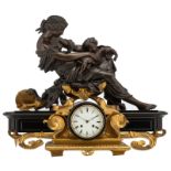 A fine noir Belge and gilt bronze mantel clock, with on top a patinated bronze sculpture of a beauty