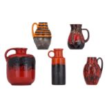 A collection of five vintage red glazed West Germany Fat Lava pottery jugs, mid-century, H 12 - 38 c