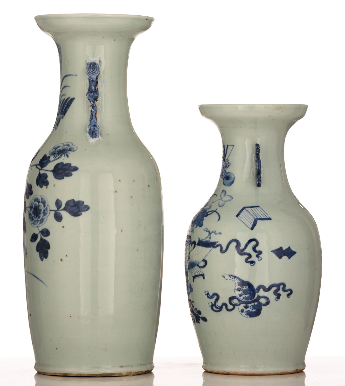 Two Chinese blue and white celadon ground vases, decorated with birds, flowers and auspicious symbol - Image 2 of 6