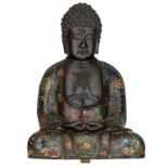 An Oriental bronze champlevé enamel figure, depicting a meditating Buddha, H 33 - W 24 - D 19 cm