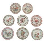 Seven Chinese famille rose floral decorated dishes; added a ditto deep dish, 18thC,  ø 22 - 23 cm
