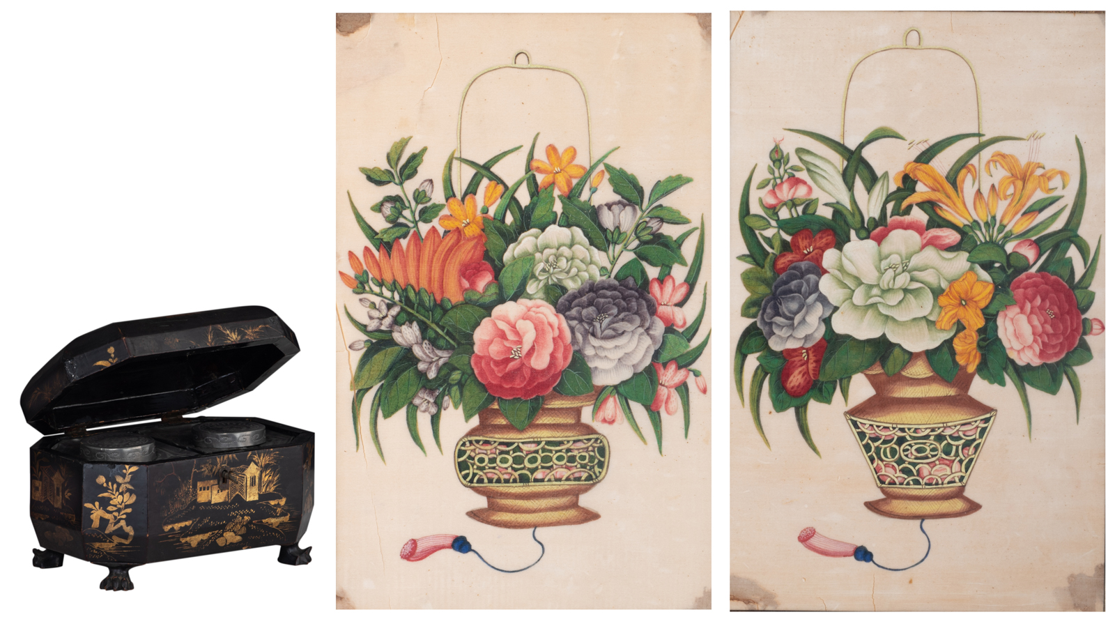 A pair of Chinese 18th/19thC watercolours on pit paper depicting flowers in a basket, 20 X 31 cm: ad