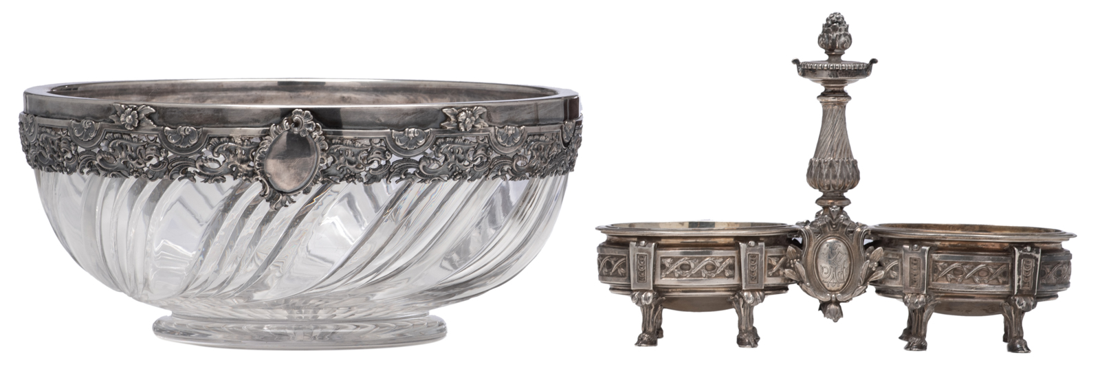 A crystal bowl with a Rococo Revival silver mount, indistinctly hallmarked, makers mark J.M.; added: