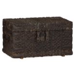 A Middle Eastern wooden chest with wrought iron fittings, H 20,5 - W 37 - D 20,5 cm