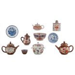 Various Chinese café au lait, blue and white and Imari porcelain, a tea caddy, three teapots and cov