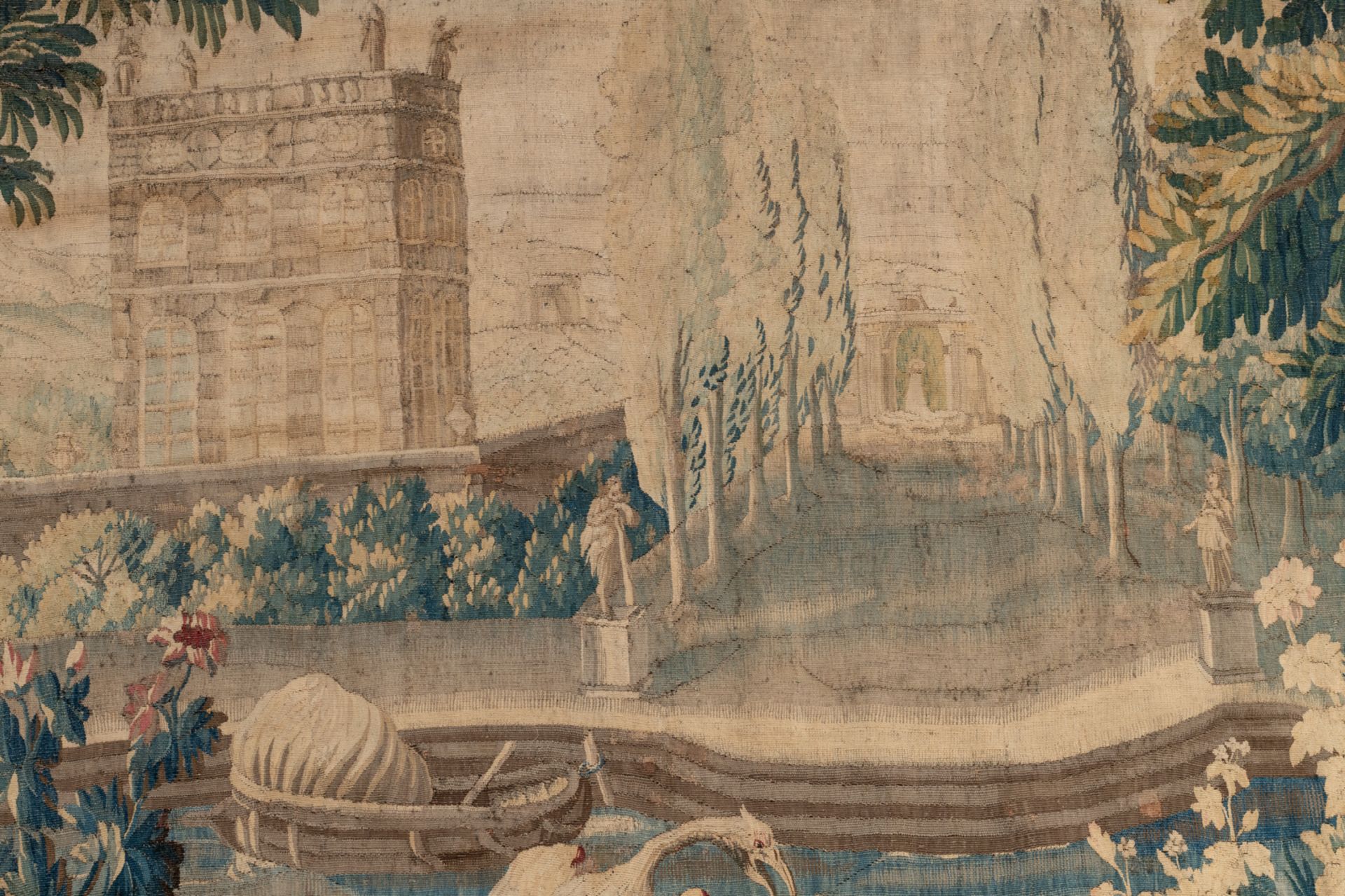 A large verdure wall tapestry, decorated with flamingos in Renaissance garden setting, wool and silk - Image 4 of 8