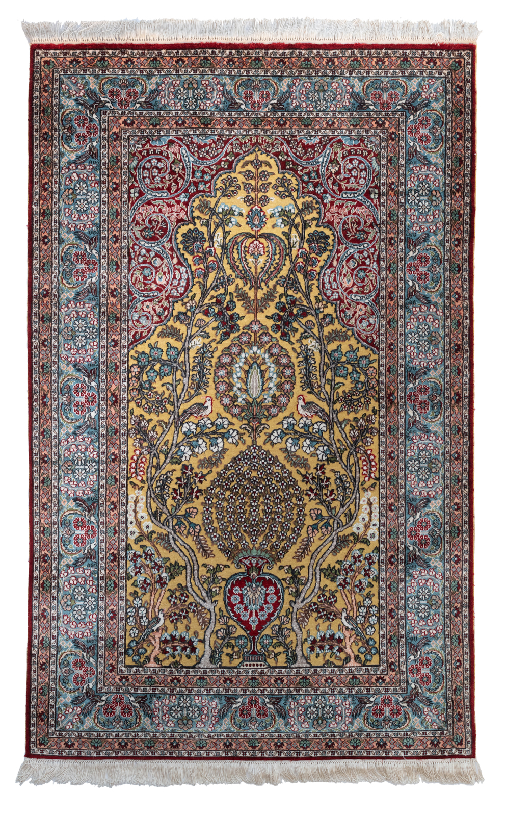 An Oriental silk rug with gold thread, decorated with the tree of life and birds, 153 x 94 cm