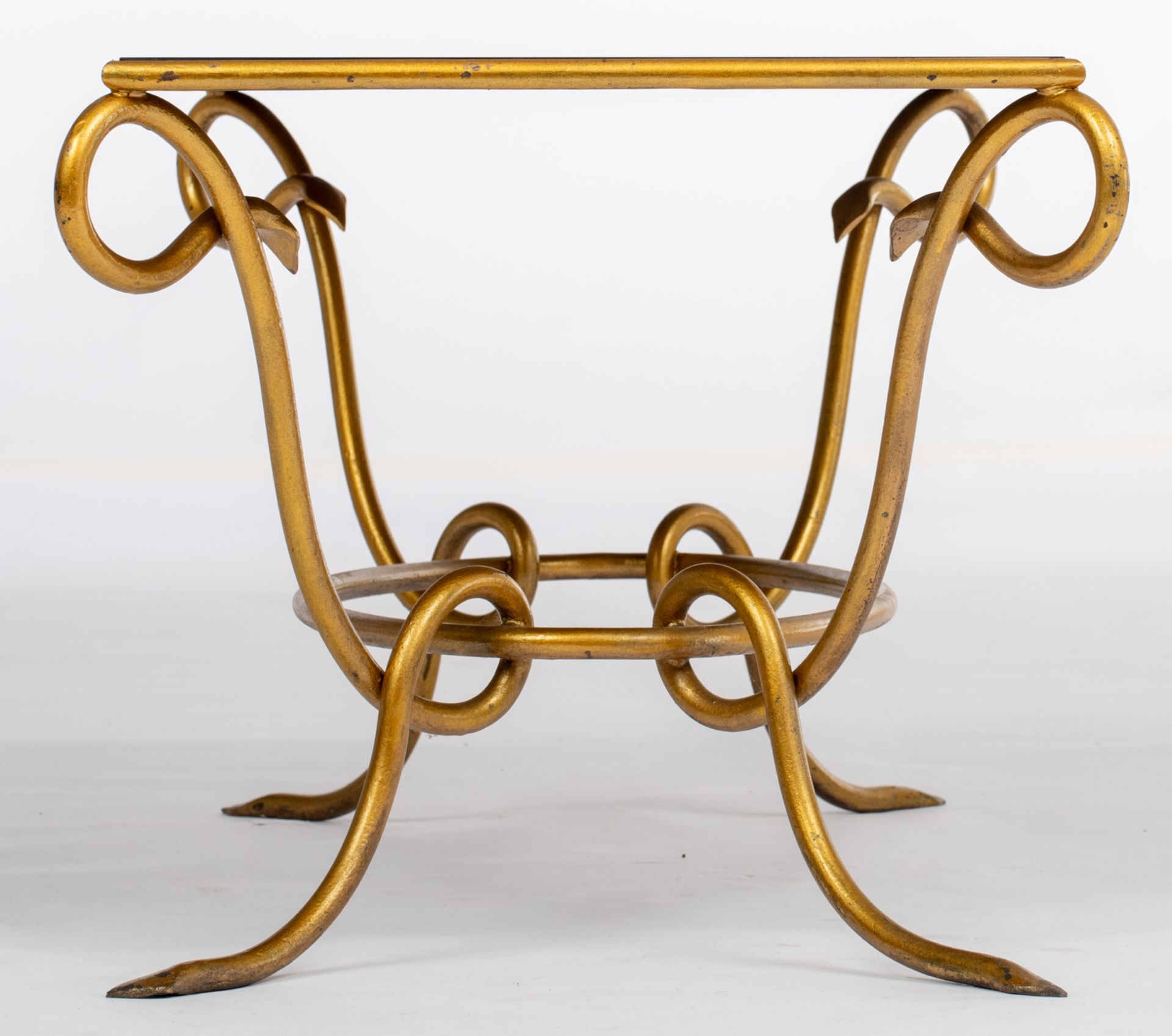 A gilt wrought iron coffee table with a mirrored top, in the manner of René Drouet, the underside of - Image 5 of 8