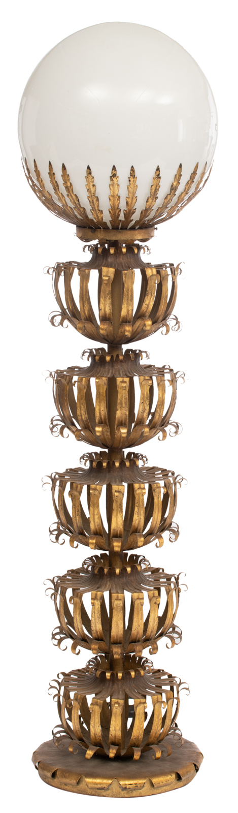 A mid-century vintage floor lamp, a gilt brass floral decorated stand with a balloon-shaped glass to