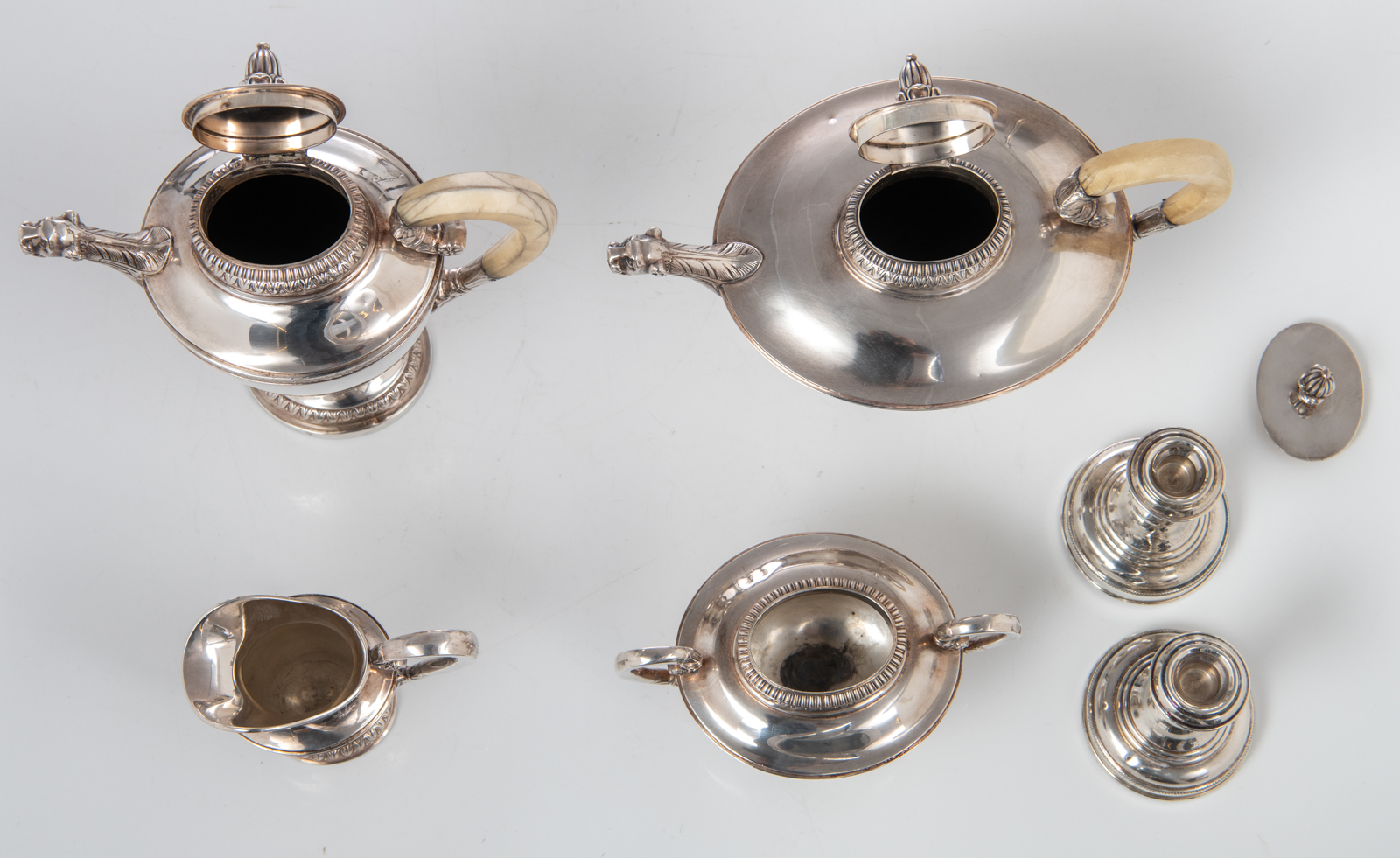 A German four-piece Neoclassical silver 925/000 coffee and tea set with ivory handles, on a matching - Image 27 of 34