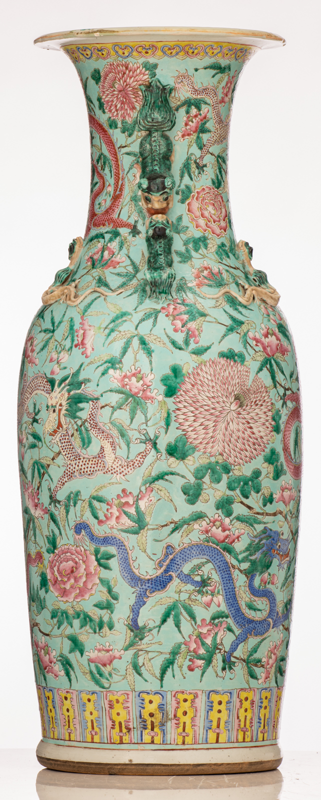 A  large Chinese turquoise ground and polychrome vase, decorated with dragons and flowers, 19thC, H - Image 2 of 6