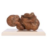 Dumortier J., an untitled brown painted terracotta sculpture of a fetus on a white painted pedestal