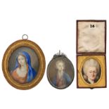 Three late 18thC portrait miniatures, one French, watercolour on (ivory), portraying a boy, silver f