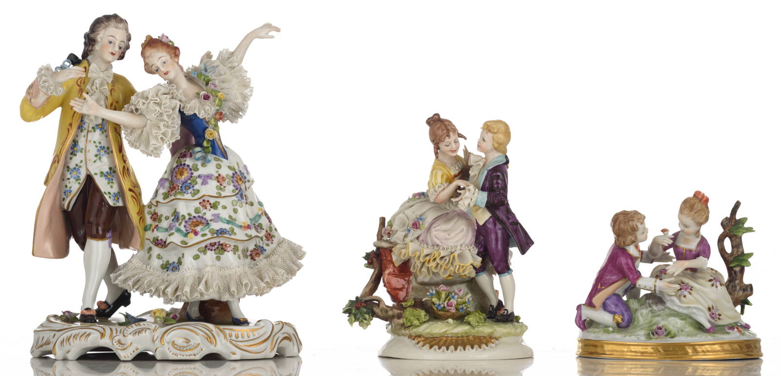 A collection of four polychrome painted Saxony figure groups, consisting of: a piano playing lady an - Image 8 of 15