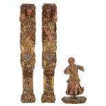 A pair of polychrome and gilt painted walnut architectural pilaster sculptures, H 89 cm; added a sma