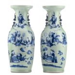 A pair of Chinese celadon ground blue and white vases, decorated with the Eight Immortals, H 60 cm