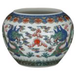 A Chinese doucai vase, decorated with two dragons, chasing the flaming pearl among clouds, the top r