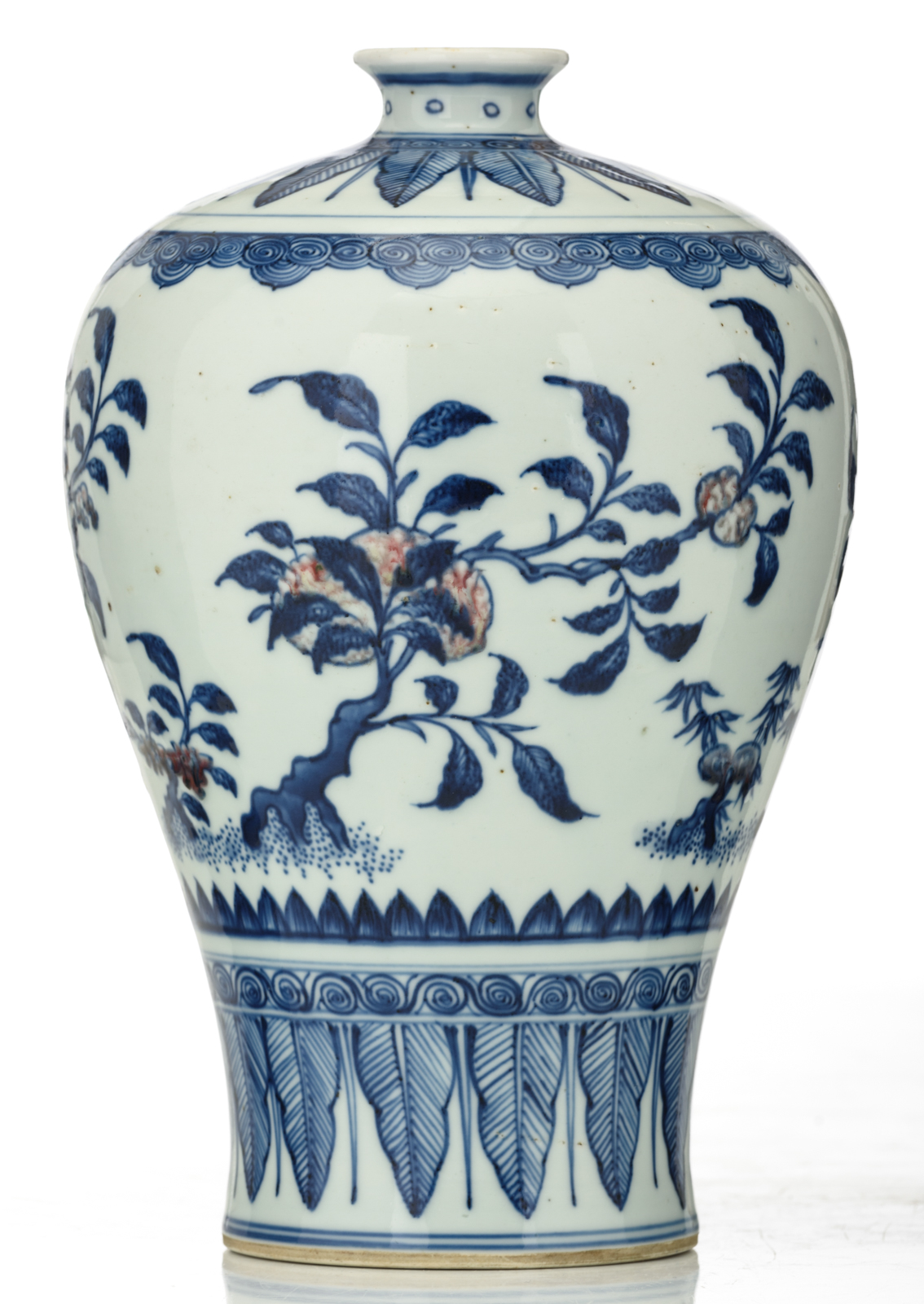 A Chinese copper-red and cobalt blue underglaze Meiping vase, decorated with peaches, Buddha's hands - Image 2 of 6