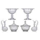 A collection of cut crystal items, consisting of two Lalin bowls, two carafes and two bonbonnières,