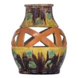 A vintage polychrome decorated onion jar, typical Flemish earthenware in the Arts & Crafts manner, w