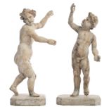A pair of 18thC German patinated limewood sculptures of putti, H 147 - W 63 - D 50 cm