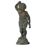 A green patinated bronze garden sculpture of a standing putto, H 77 cm