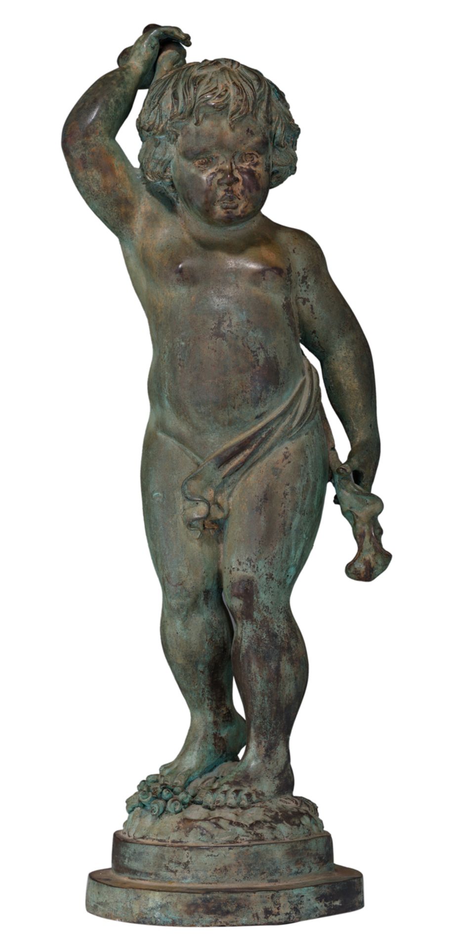 A green patinated bronze garden sculpture of a standing putto, H 77 cm