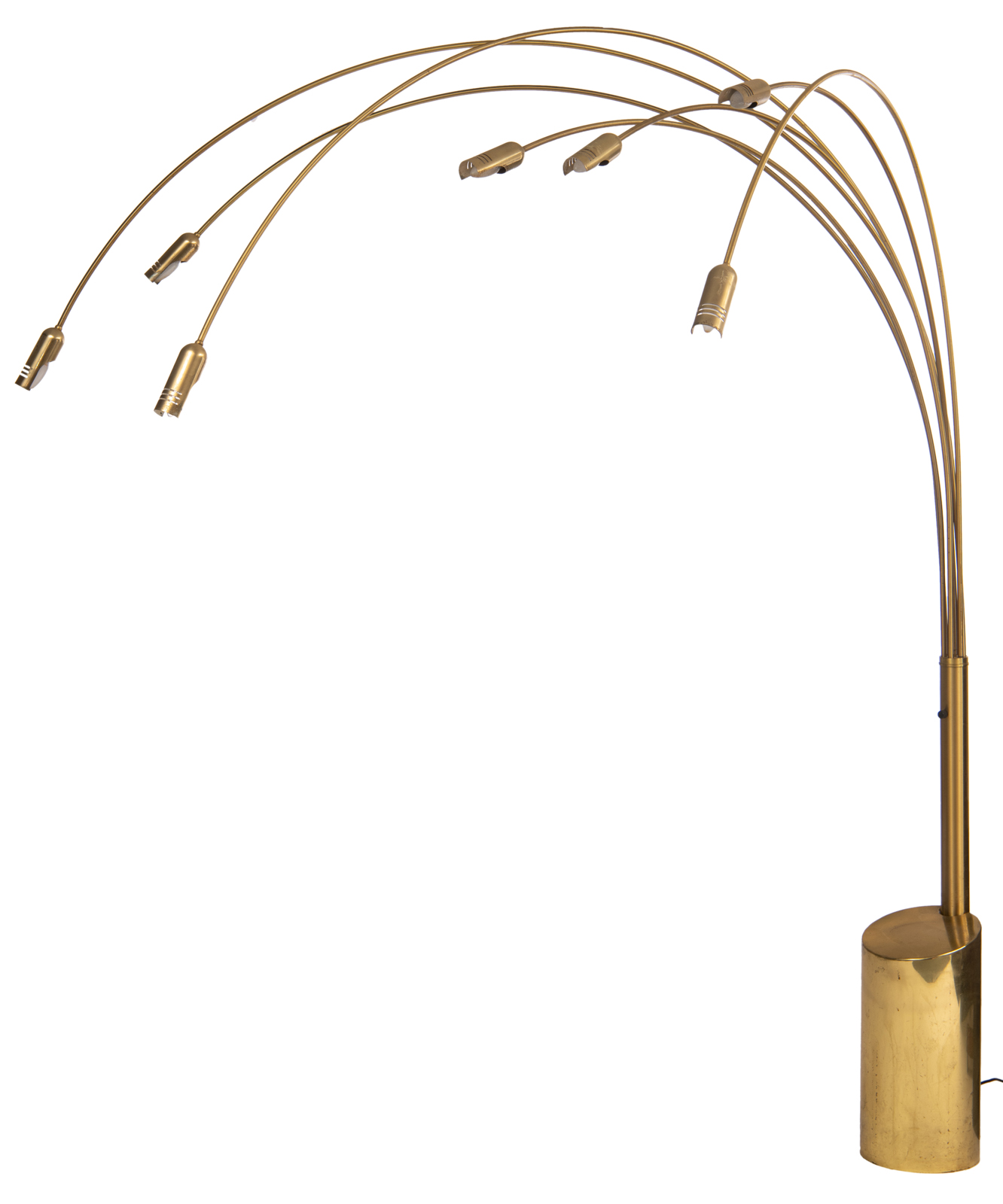 A large brass 1950s design floor lamp, with six adjustable reed-shaped branches, H 230 - W 200 cm