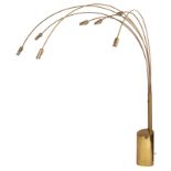 A large brass 1950s design floor lamp, with six adjustable reed-shaped branches, H 230 - W 200 cm