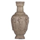 A Chinese celadon glazed stoneware vase, relief decorated with beauties and flowers, H 34,5 cm