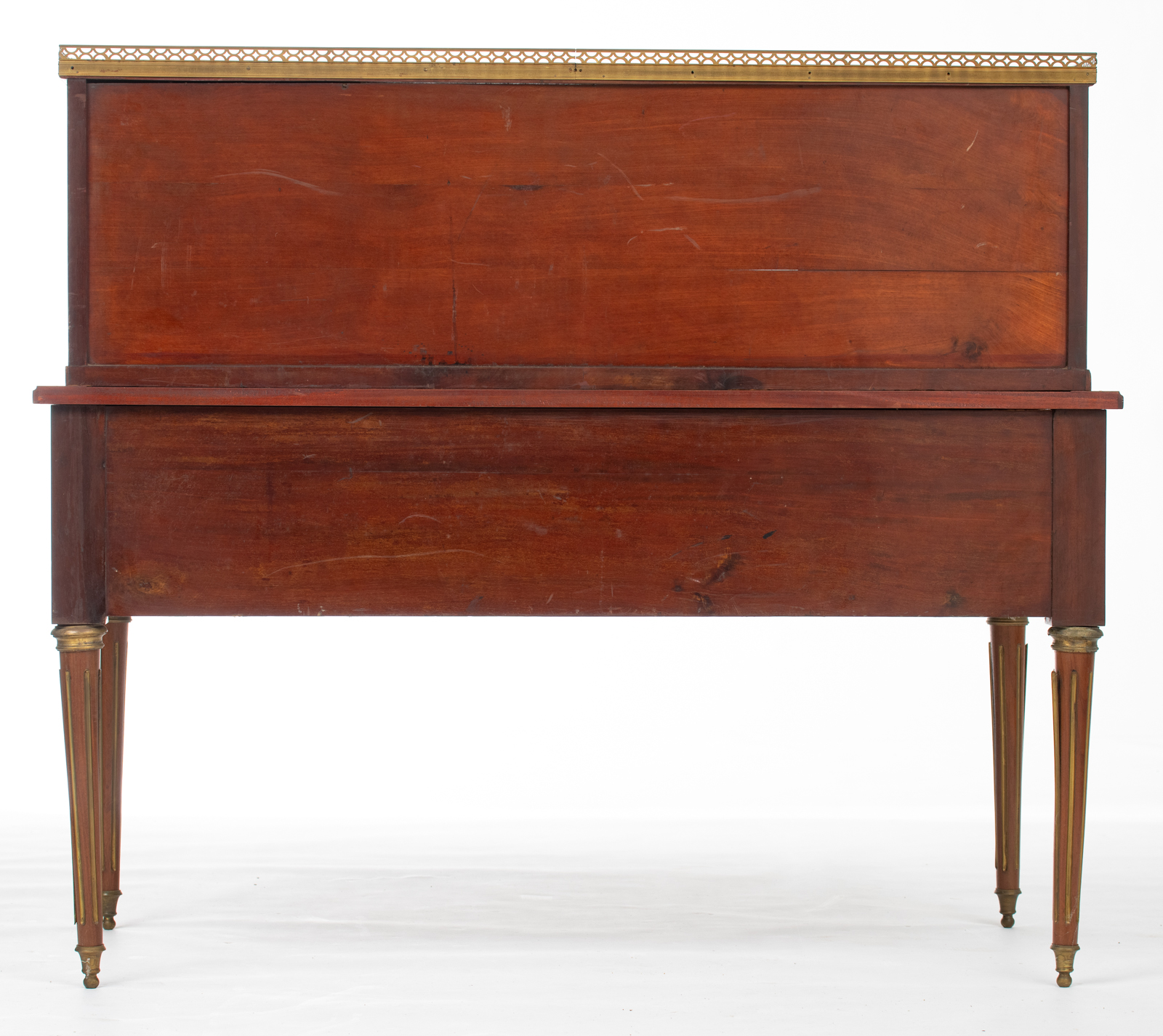 A Louis XVI style mahogany and rosewood 'bureau à gradin' with brass mounts and inlay banding, leath - Image 4 of 6