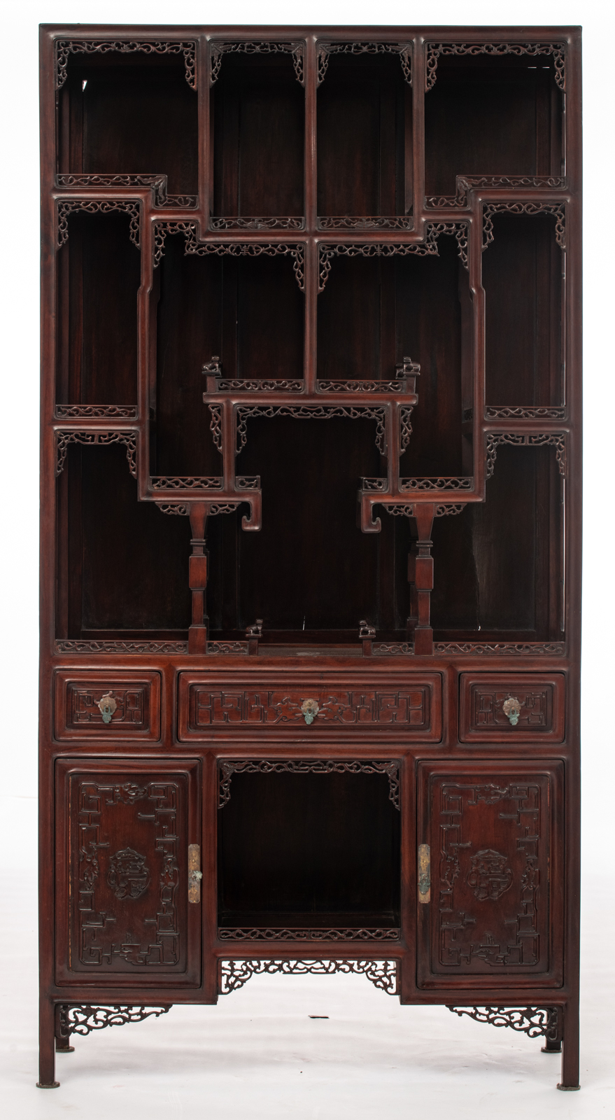 A fine Chinese rosewood display cabinet, decorated with richly carved openwork bandings and brass mo - Image 2 of 5