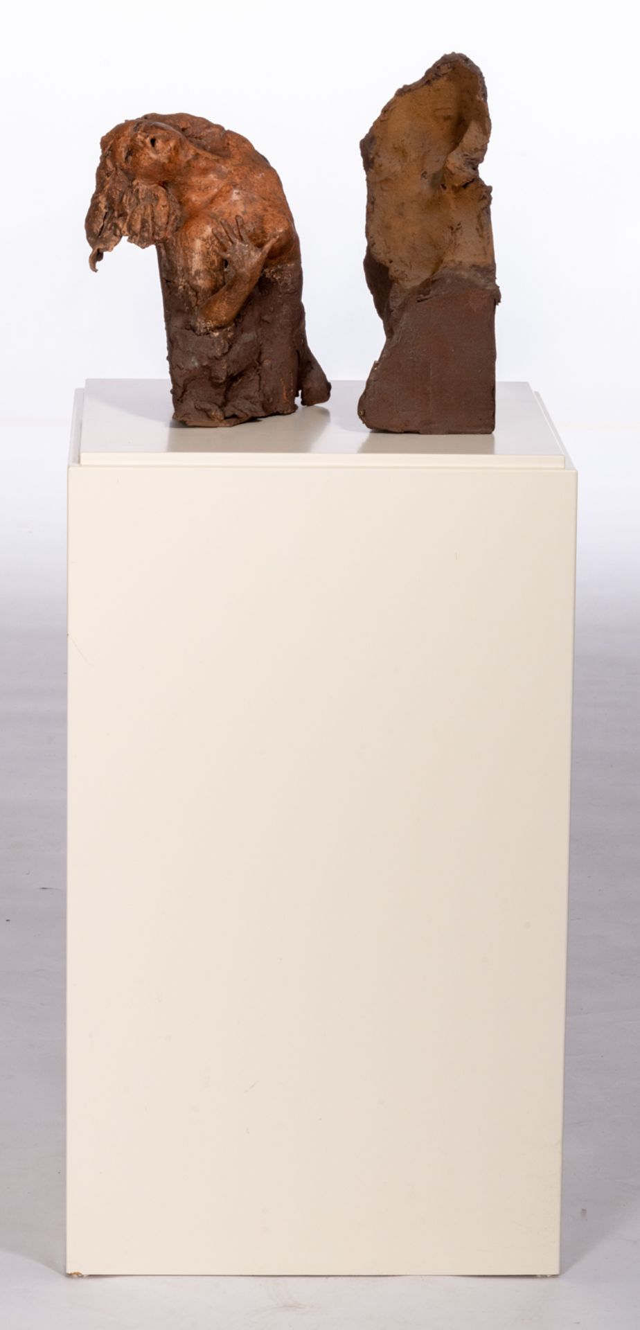 Dumortier J., an untitled brown painted terracotta sculpture of a naked woman reaching out, on a whi - Image 8 of 8