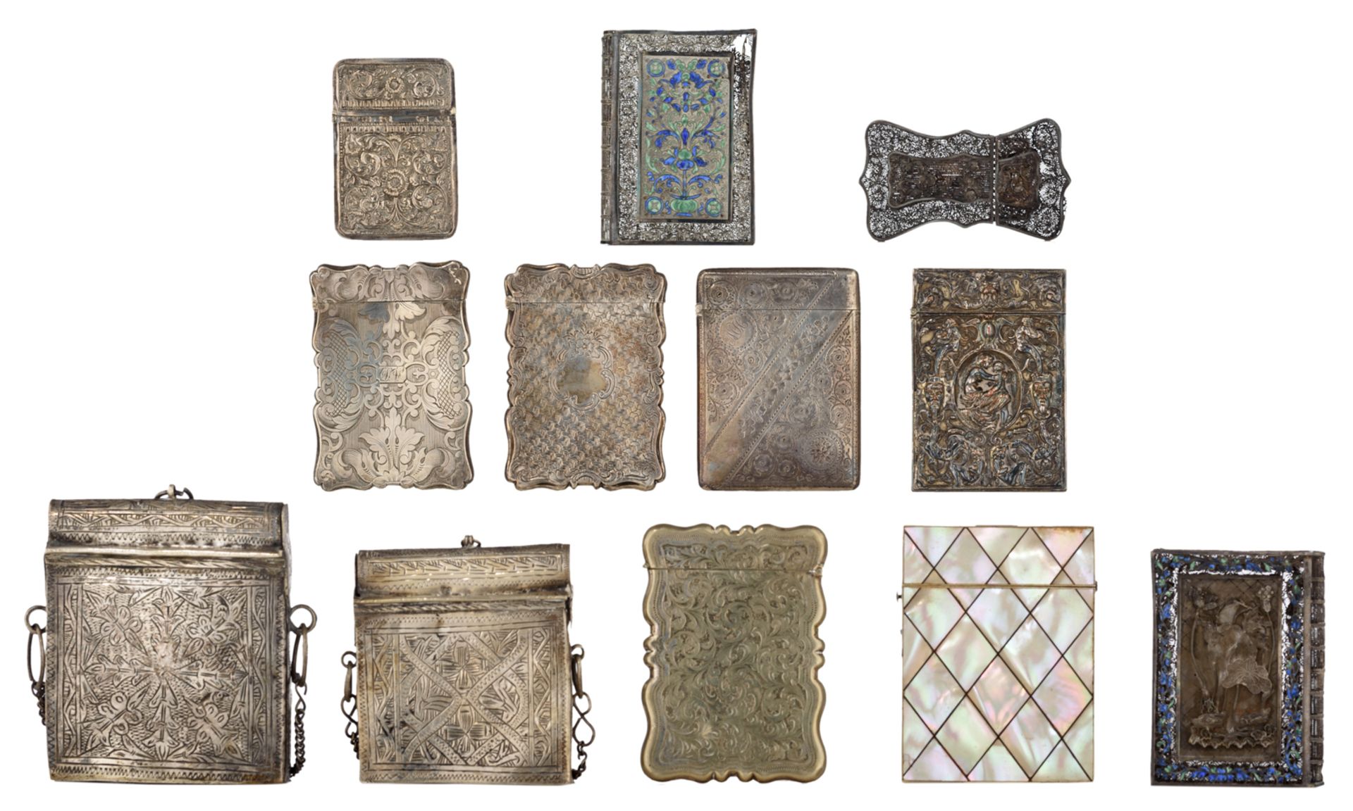 A collection of card cases, consisting of four silver English hallmarked cases, three silver-plated