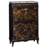 A Rococo style black lacquered fall front desk, red and gilt decorated with a chinoiserie, with gilt