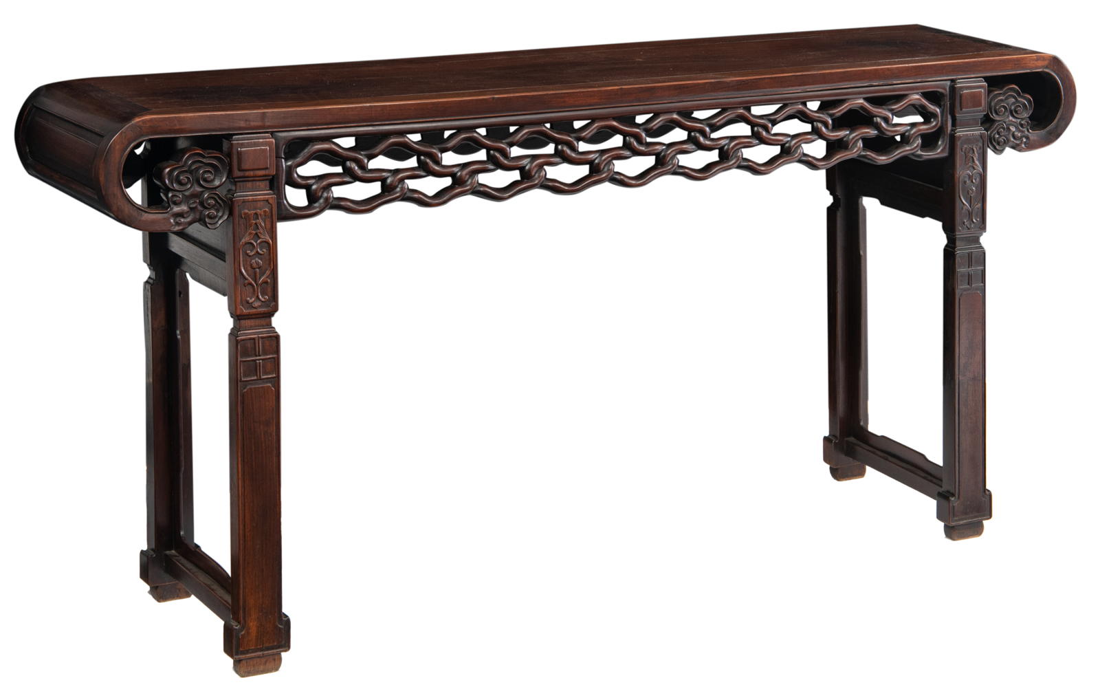 An imposing Chinese rosewood sideboard, with richly carved openwork decoration, H 93 - W 196 - D 45