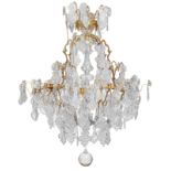 A large chandelier with gilt bronze mounts and frosted snow crystal-shaped shades, H 117 - Ø 95 cm