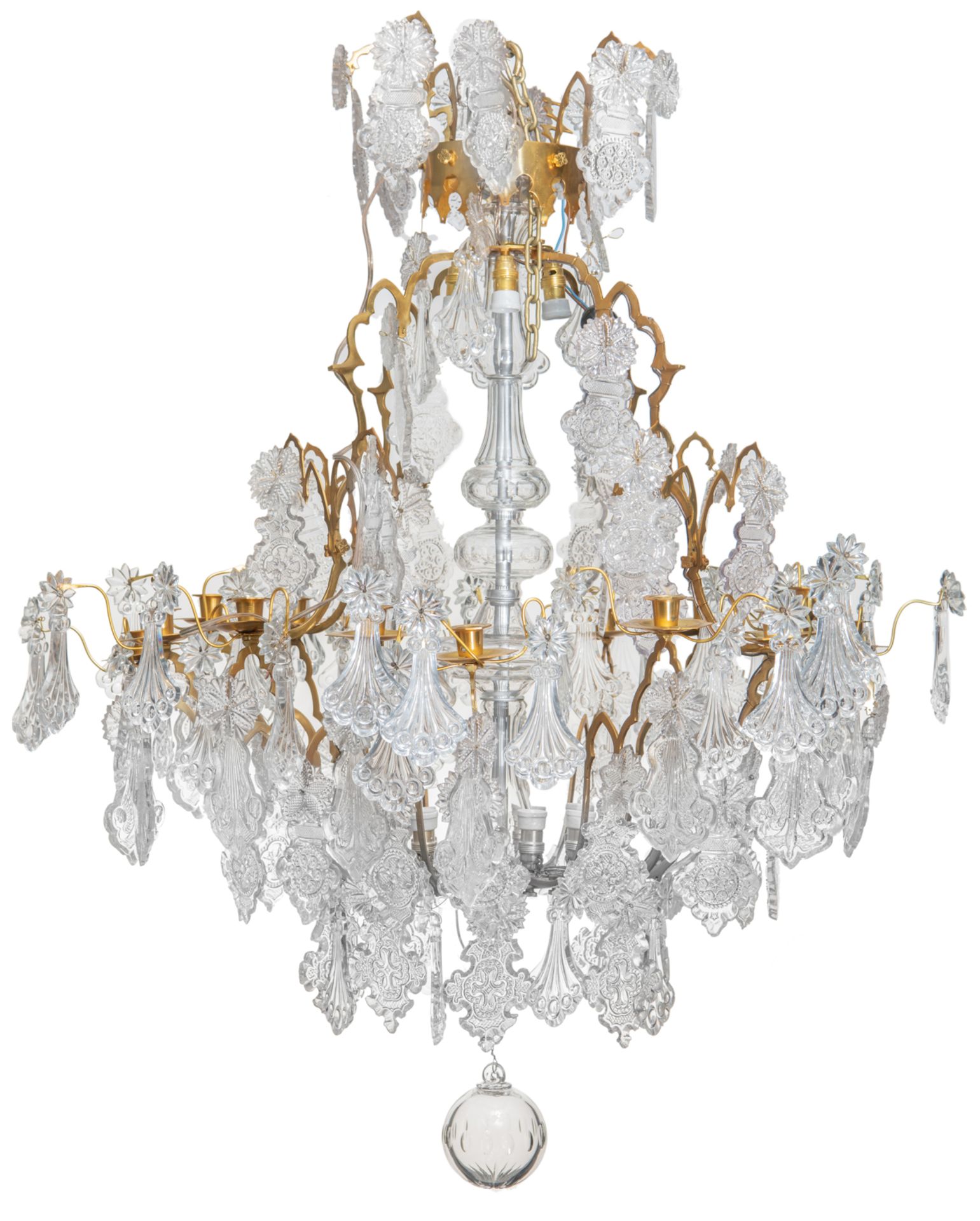 A large chandelier with gilt bronze mounts and frosted snow crystal-shaped shades, H 117 - Ø 95 cm