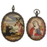 Two 18thC recto-verso oval-shaped devotional pendants, watercolour on paper, one portraying on the r