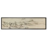 A Chinese painting on textile depicting a boat with figures in a traditional Chinese landscape, 19th