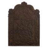 A cast iron fireplace plaque, depicting the Madonna and Child surrounded by angels and putti, 70 x 1