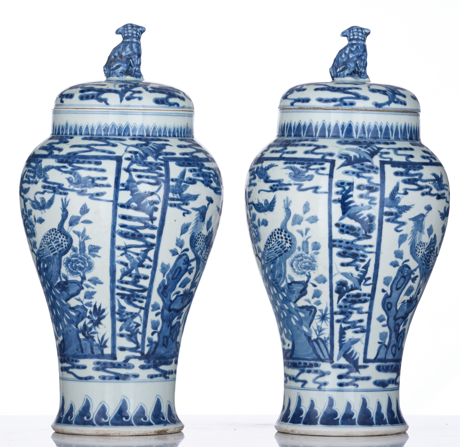 A pair of Chinese blue and white vases and covers, decorated with birds and flowers, 19thC, H 43 cm - Image 3 of 8