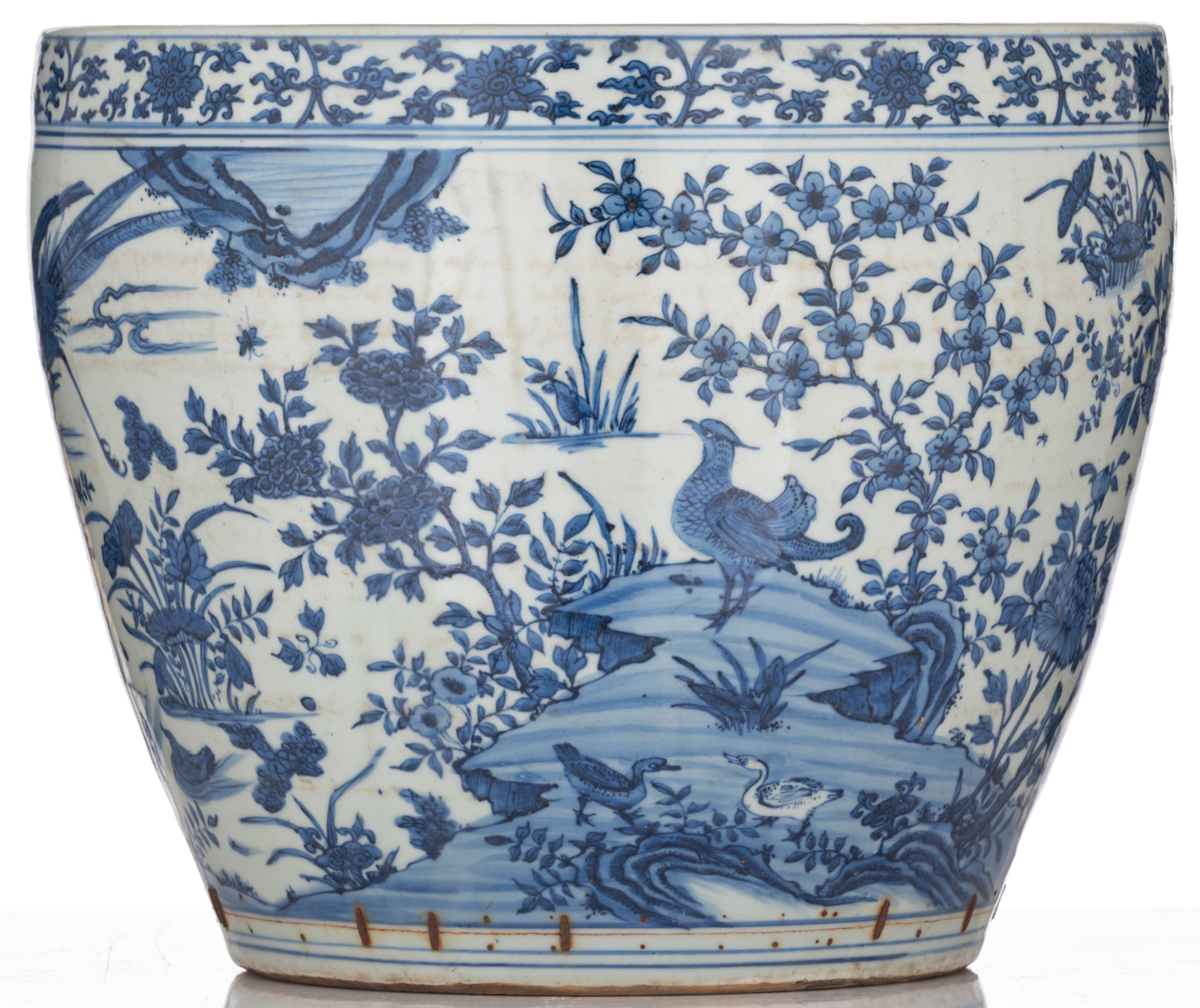 A Chinese blue and white jardiniere, all-over decorated with flowers and birds in a river landscape, - Image 3 of 7