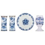 A pair of Dutch Delftware blue and white trumpet-shaped vases, with a chinoiserie decoration, late 1