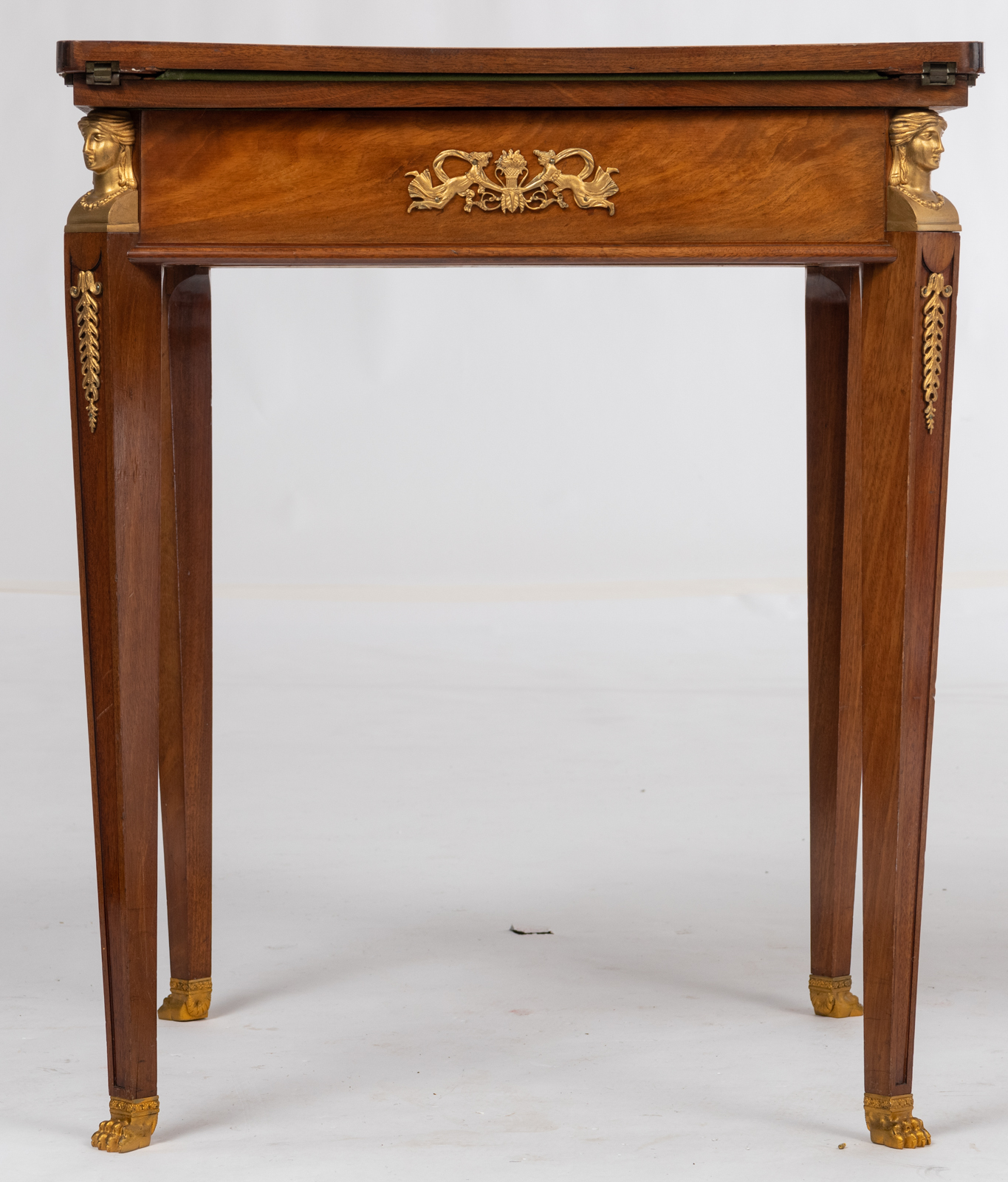 A fine French Empire style mahogany veneered folding playing table with gilt bronze mounts, brass in - Image 2 of 10