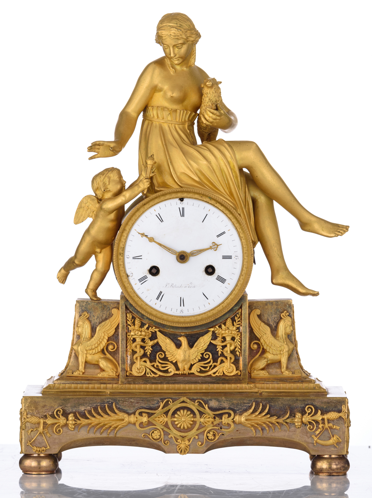 A fine French Empire bronze ormolu mantel clock, with on top an angel reaching a torch to a beauty h - Image 2 of 11