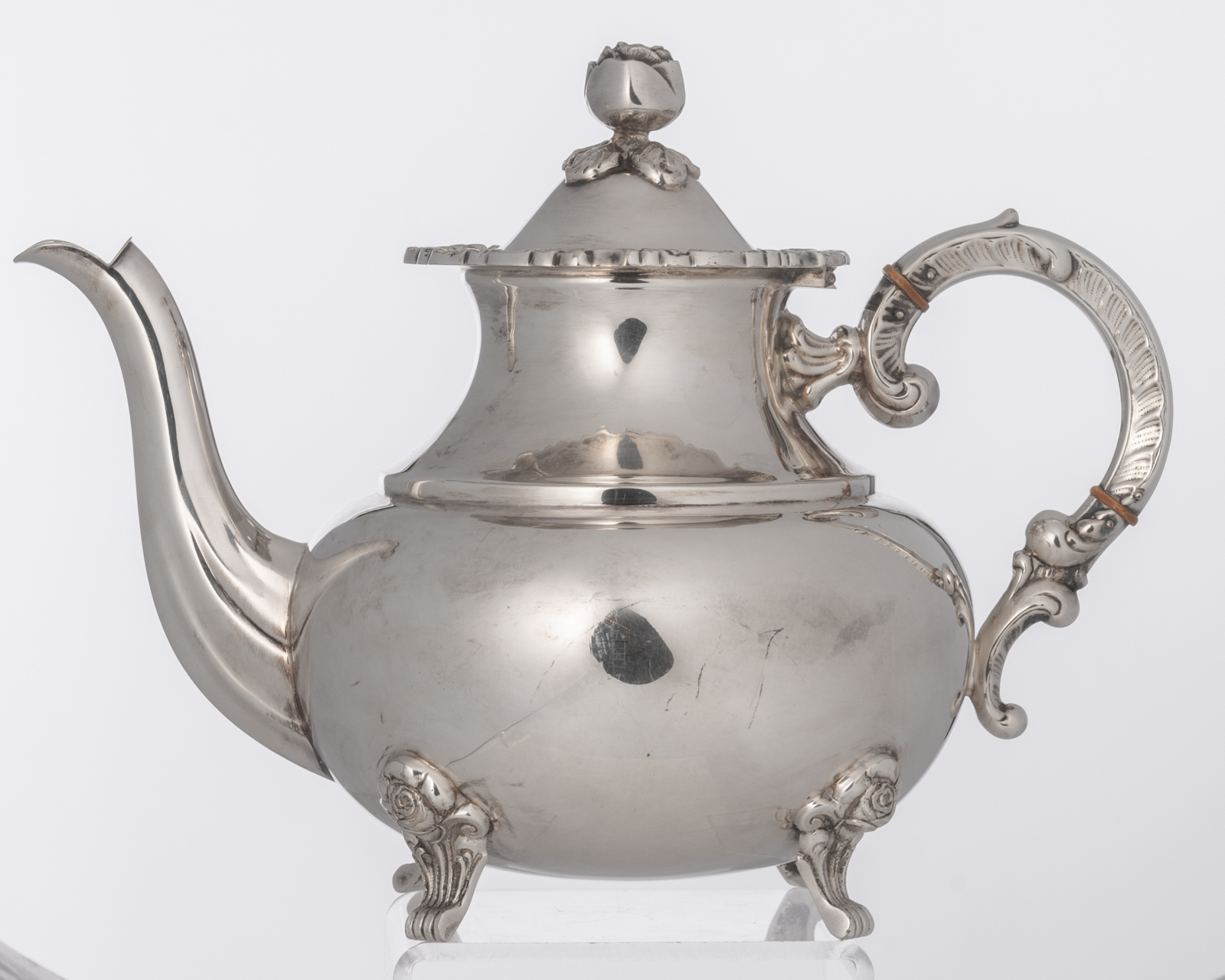 A silver plated five-piece coffee and tea set, decorated with flower-shaped knobs', probably German, - Image 8 of 27