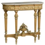 A Louis XVI style gilt and polychrome painted wooden console, with a Carrara marble top, H 91 - W 97