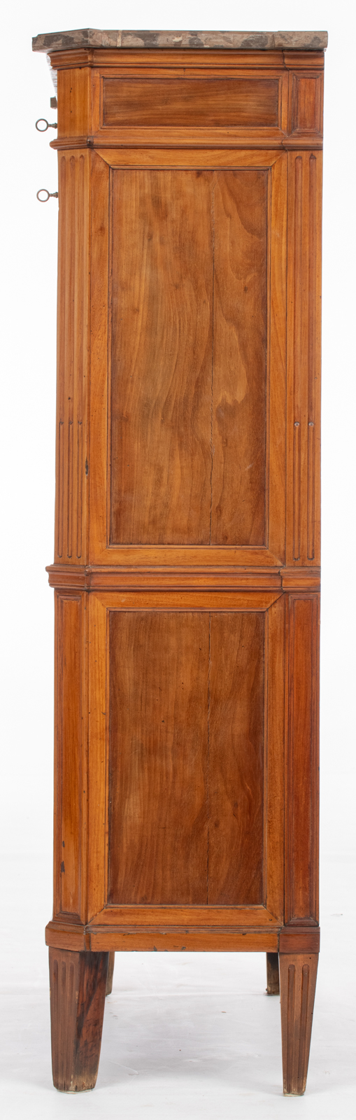 A Louis XVI walnut fall front desk, with gilt bronze mounts and a marble top, the inside with four e - Image 3 of 7